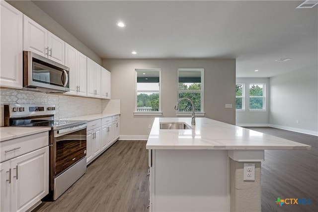 kitchen with an island with sink, a sink, wood finished floors, stainless steel appliances, and decorative backsplash