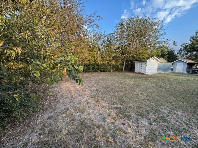 view of yard featuring a storage shed