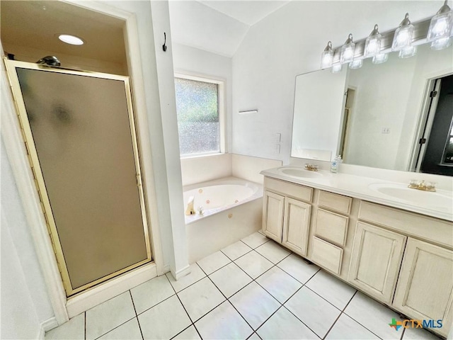 full bath with a stall shower, a whirlpool tub, tile patterned flooring, and a sink