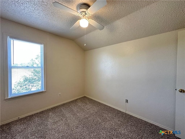 2707 Tripp Trl, Killeen, TX 76543 - carpeted spare room with a textured ceiling, ceiling fan, lofted ceiling, and baseboards