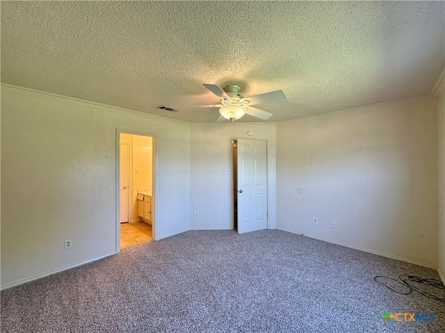 2707 Tripp Trl, Killeen, TX 76543 - unfurnished bedroom featuring light colored carpet, crown molding, a textured ceiling, baseboards, and ceiling fan