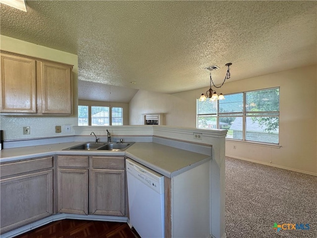2707 Tripp Trl, Killeen, TX 76543 - kitchen featuring dishwasher, a sink, a peninsula, a textured ceiling, and a chandelier