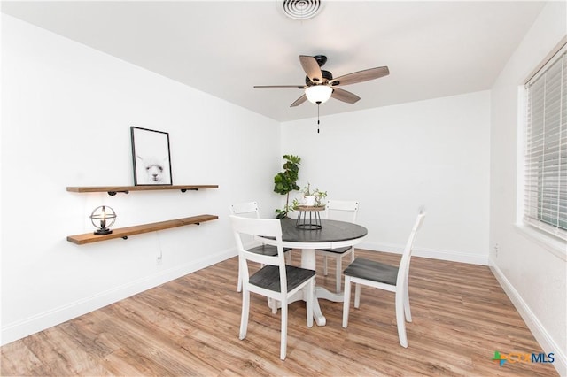 dining area with ceiling fan and light wood-type flooring