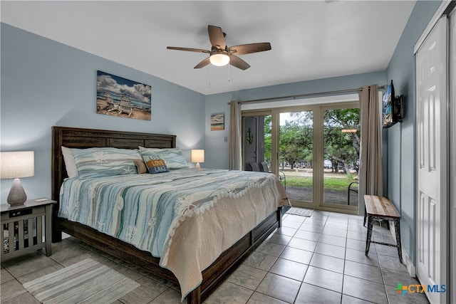 tiled bedroom featuring ceiling fan and access to outside