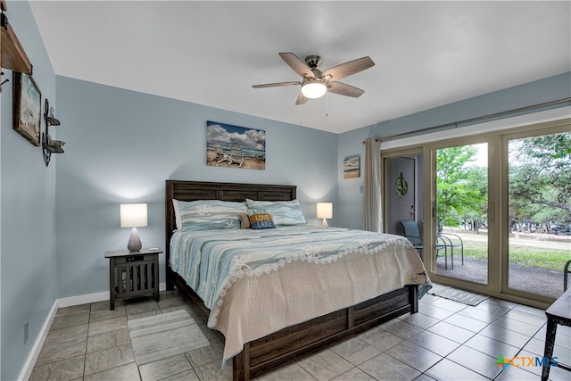 bedroom with access to outside, ceiling fan, and light tile patterned floors