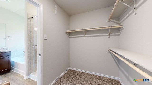 walk in closet with light hardwood / wood-style floors