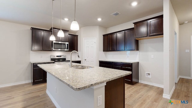 kitchen with sink, light wood-type flooring, a kitchen island with sink, and stainless steel appliances