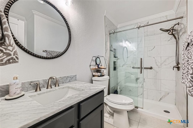 full bath with a textured wall, toilet, crown molding, vanity, and a shower stall