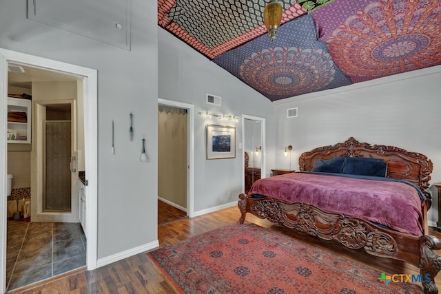 bedroom featuring high vaulted ceiling and dark wood-type flooring