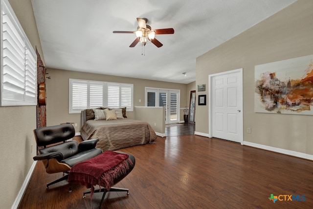 bedroom featuring dark wood-type flooring and ceiling fan