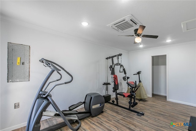 workout area featuring hardwood / wood-style floors, electric panel, crown molding, and ceiling fan