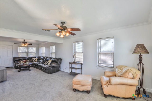 living room with carpet, ceiling fan, and crown molding