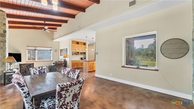 dining space with lofted ceiling with beams, wood ceiling, and ceiling fan