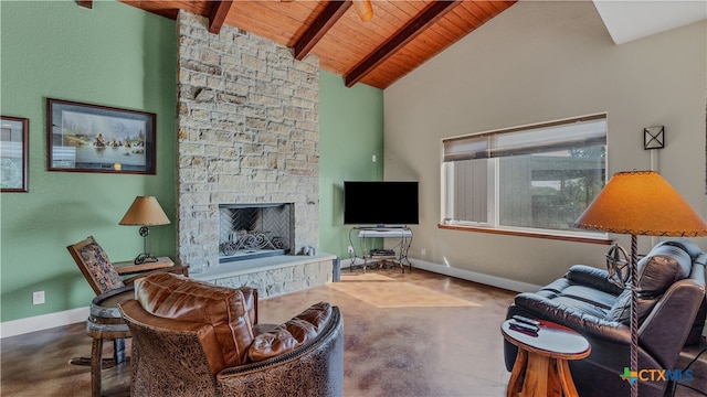 living room with a stone fireplace, wood ceiling, concrete flooring, high vaulted ceiling, and beam ceiling