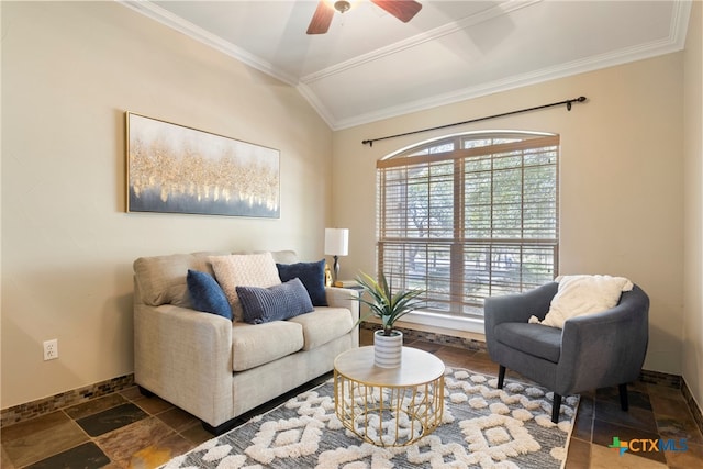 living room featuring ceiling fan, vaulted ceiling, and ornamental molding