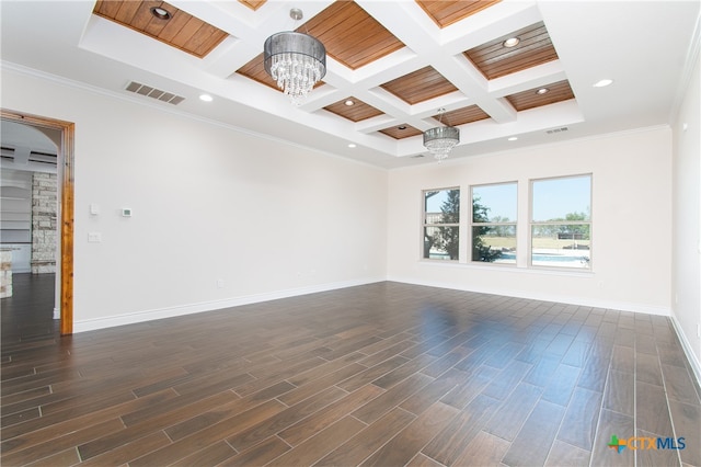 unfurnished room with a chandelier, coffered ceiling, ornamental molding, beamed ceiling, and dark hardwood / wood-style floors