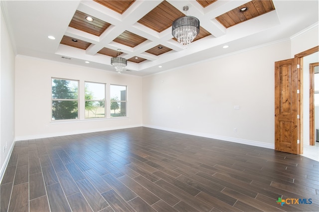 empty room with coffered ceiling, a chandelier, dark hardwood / wood-style floors, and beamed ceiling