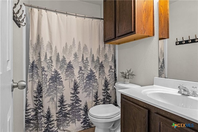 bathroom with toilet, curtained shower, and vanity