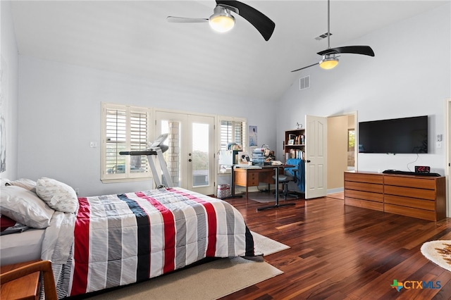 bedroom featuring access to outside, french doors, wood finished floors, high vaulted ceiling, and an office area