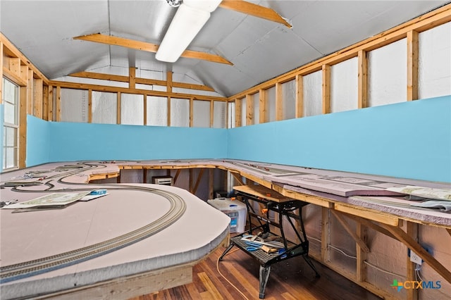 miscellaneous room with vaulted ceiling, wood finished floors, and a workshop area