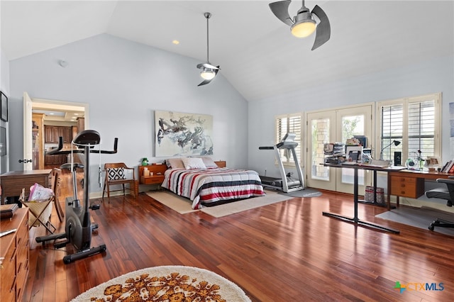 bedroom featuring access to outside, wood-type flooring, french doors, high vaulted ceiling, and an office area