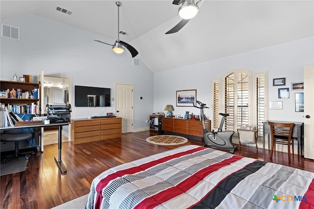 bedroom with hardwood / wood-style floors, high vaulted ceiling, and a ceiling fan