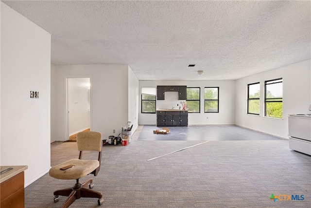 unfurnished living room with carpet and a textured ceiling
