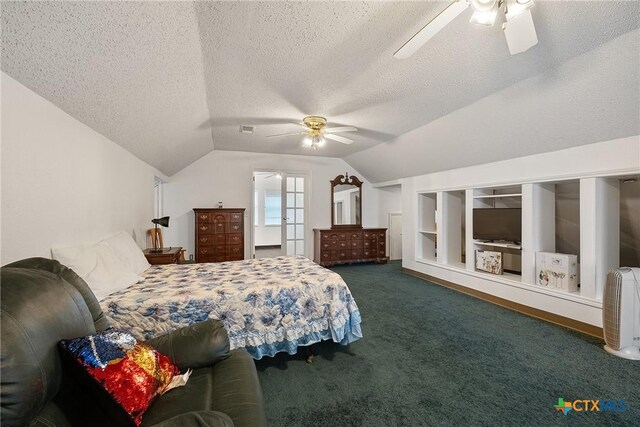 carpeted bedroom featuring lofted ceiling, a textured ceiling, and ceiling fan