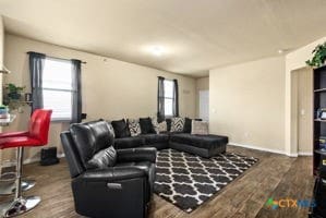 living room with dark wood-type flooring and a wealth of natural light