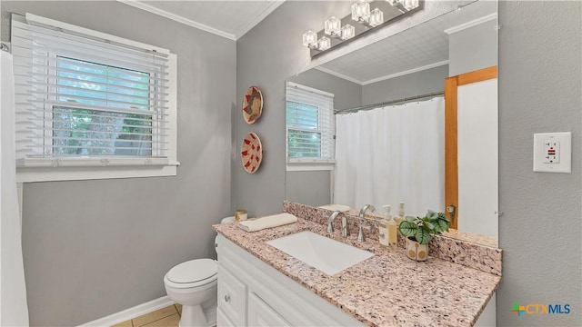 1261 W Mill St, New Braunfels, TX 78130 - full bath featuring crown molding, vanity, tile patterned flooring, and curtained shower
