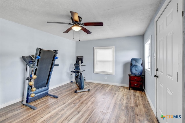 exercise area with wood-type flooring, a textured ceiling, and ceiling fan