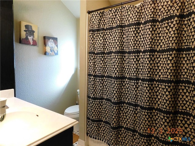 bathroom with toilet, a shower with curtain, vanity, and a textured wall