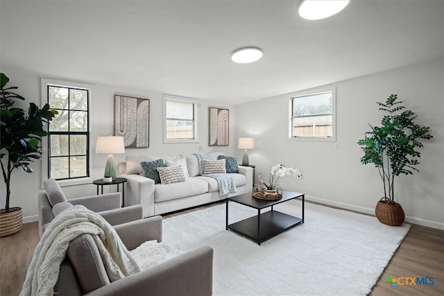 living room with plenty of natural light and wood-type flooring