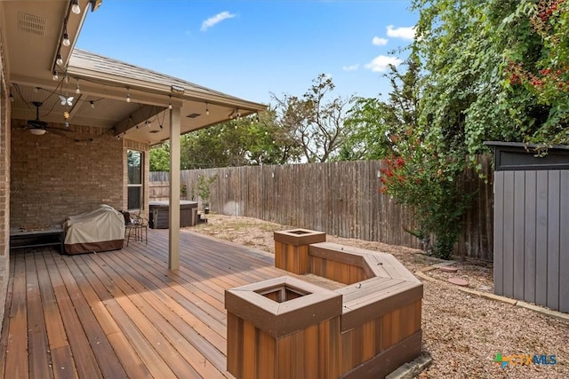 2303 Erica Kaitlin Ln, Cedar Park, TX 78613 - deck featuring a fenced backyard, ceiling fan, and an outdoor fire pit