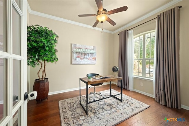 2303 Erica Kaitlin Ln, Cedar Park, TX 78613 - home office featuring healthy amount of natural light, dark wood-style floors, crown molding, and baseboards