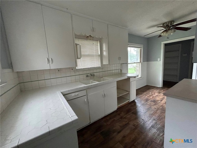 kitchen with white cabinets, sink, tasteful backsplash, dark hardwood / wood-style floors, and ceiling fan