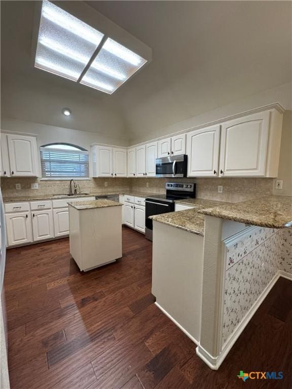 kitchen featuring lofted ceiling, range with electric cooktop, a sink, stainless steel microwave, and dark wood finished floors