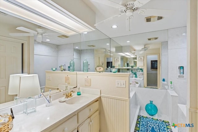 13650 Blackberry Rd, Salado, TX 76571 - bathroom featuring ceiling fan, vanity, a tub to relax in, and a shower