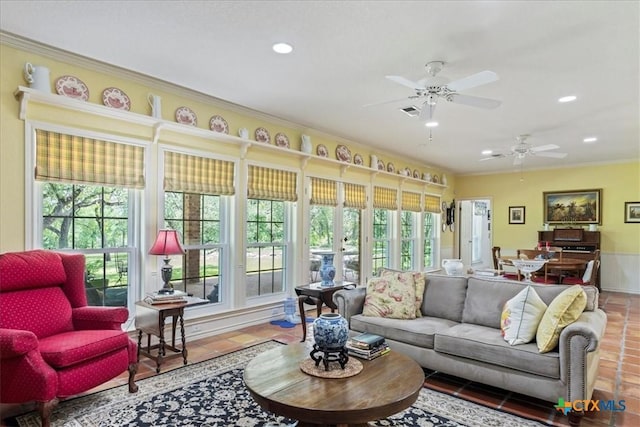 13650 Blackberry Rd, Salado, TX 76571 - living area with crown molding, a ceiling fan, and recessed lighting