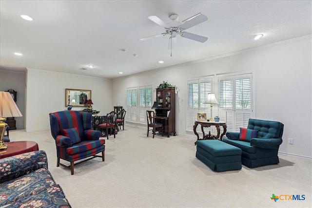 13650 Blackberry Rd, Salado, TX 76571 - living room featuring carpet flooring, ornamental molding, recessed lighting, and ceiling fan