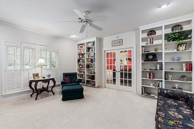 13650 Blackberry Rd, Salado, TX 76571 - sitting room with crown molding, a ceiling fan, carpet floors, and french doors