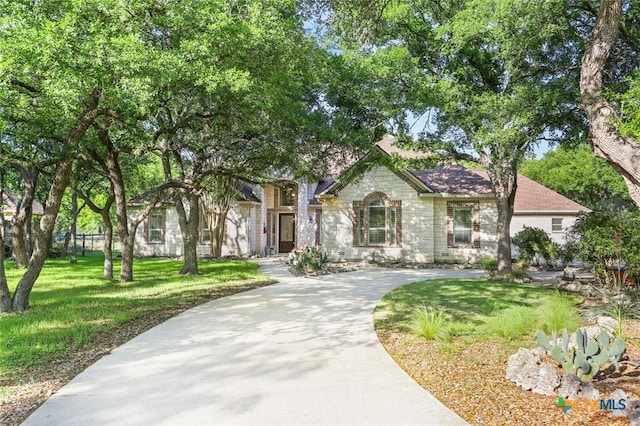 436 Hidden Springs Dr, Spring Branch, TX 78070 - obstructed view of property featuring a front lawn, stone siding, and concrete driveway