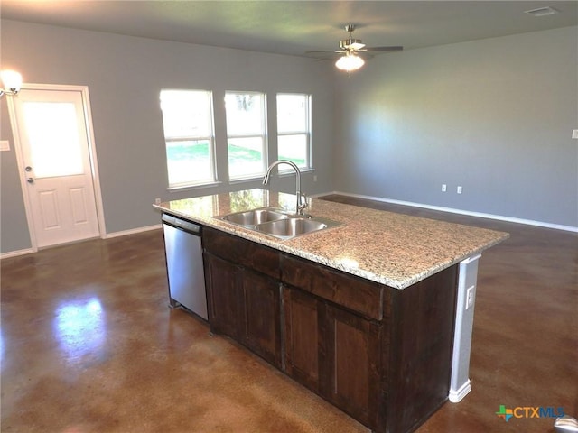 1421 Lindsey Dr, Copperas Cove, TX 76522 - kitchen with a sink, stainless steel dishwasher, finished concrete flooring, a ceiling fan, and dark brown cabinetry