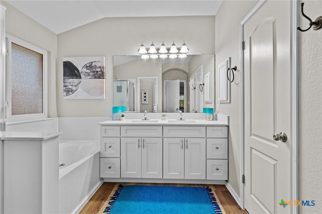 full bathroom with a stall shower, a garden tub, a sink, and wood finished floors