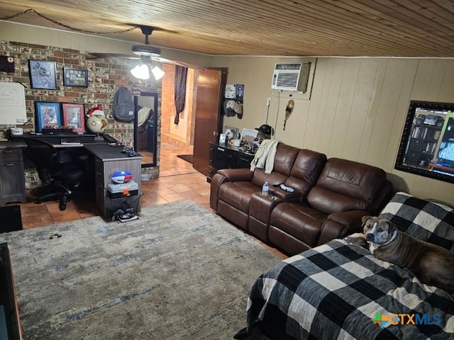 tiled living room featuring ceiling fan, a wall unit AC, and wooden ceiling