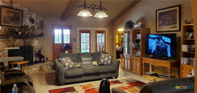 130 Twin Oak Rd, Seguin, TX 78155 - living room with tile patterned flooring, vaulted ceiling, and a fireplace