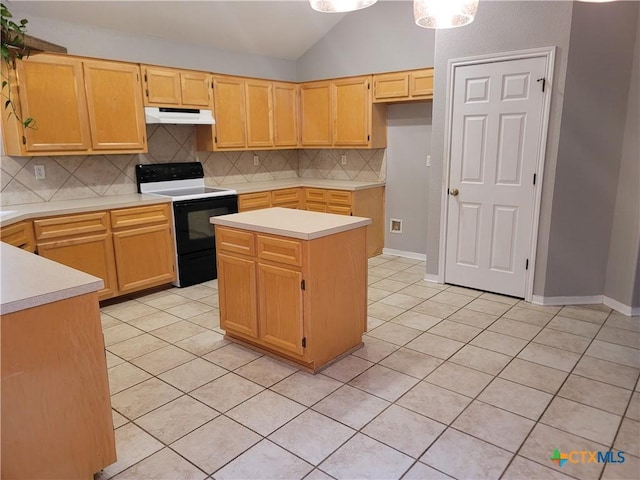 3803 Canyon Heights Rd, Belton, TX 76513 - kitchen with range with electric stovetop, under cabinet range hood, light tile patterned floors, and light countertops