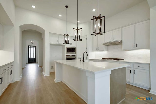 kitchen with sink, appliances with stainless steel finishes, an island with sink, light hardwood / wood-style flooring, and pendant lighting