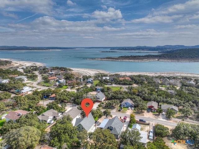 drone / aerial view featuring a water view