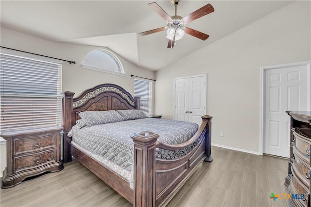 709 Rowdy Dr, Killeen, TX 76542 - bedroom with wood finished floors, lofted ceiling, baseboards, ceiling fan, and a closet